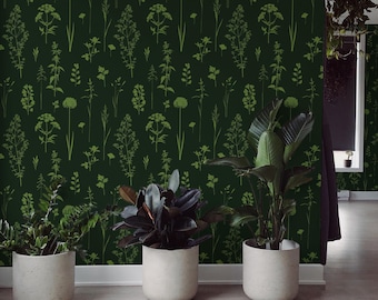 Green Meadow Silhouettes Wallpaper: Biophilic Botanical Design (Non-Pasted, Pre-Pasted, Peel and Stick, Custom Sizes)