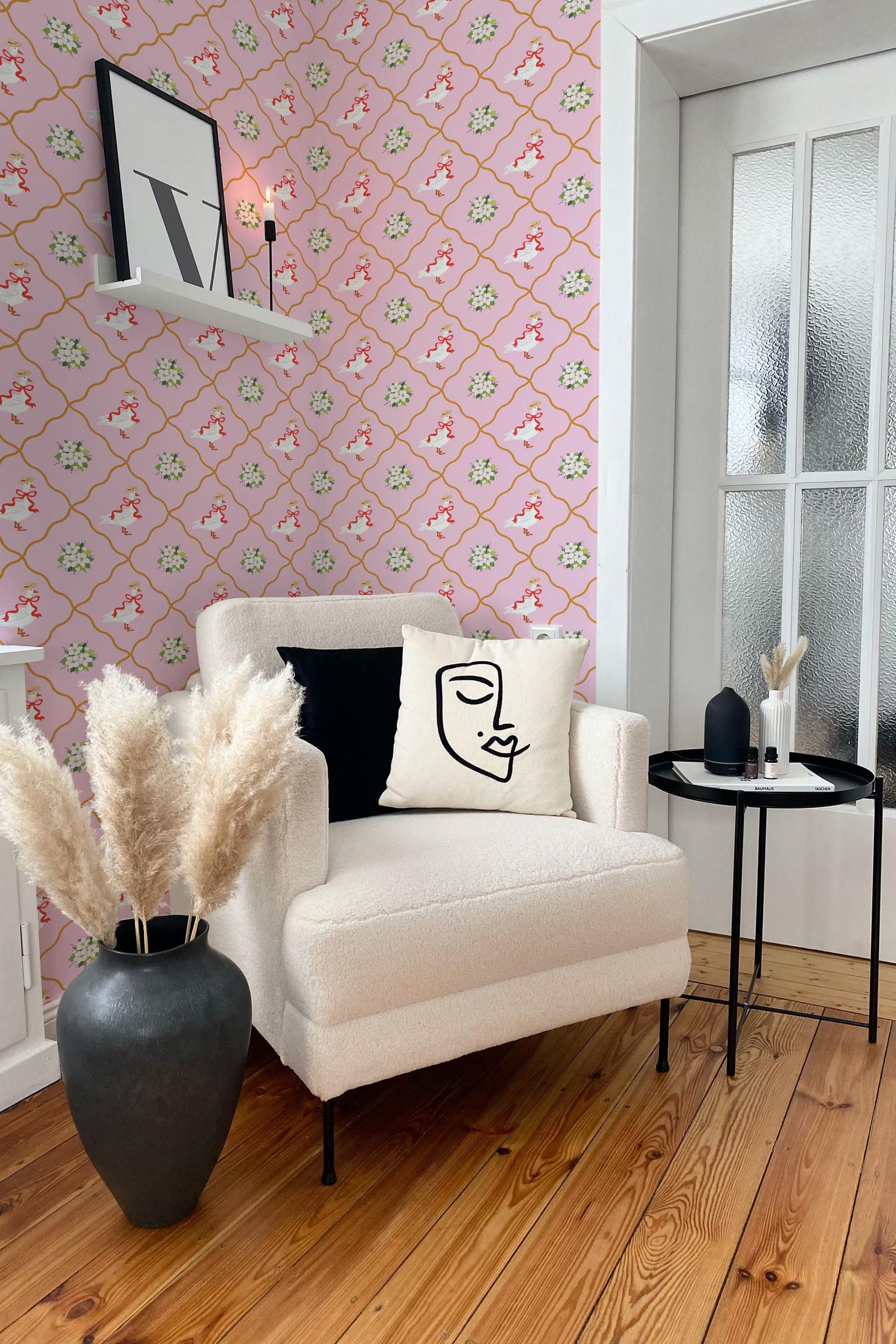 Pink Goose Wallpaper | Floral Bird Peel and Stick Removable Fabric or ...