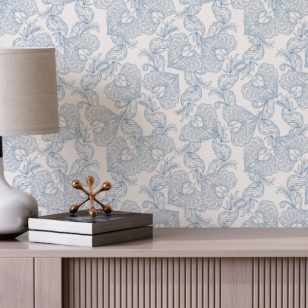 Blue and white Oriental Floral Removable wallpaper / Vintage Peel and Stick wallpaper / Floral wallpaper - Self-adhesive or Traditional