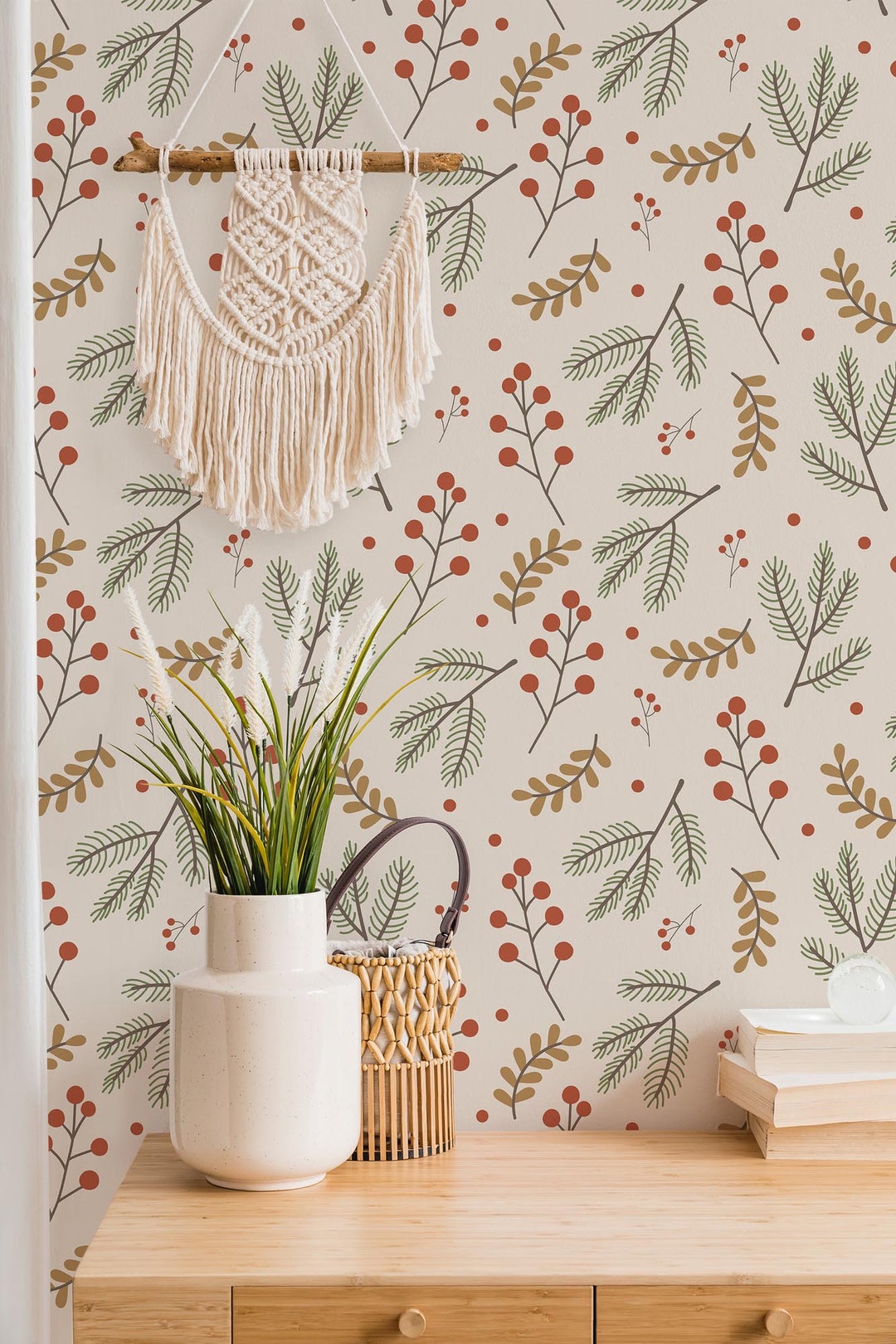 Christmas Peel and Stick Wallpaper / Branches Removable Wallpaper