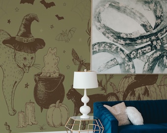 Olive Green Halloween Cats Wallpaper Mural: Vintage Gothic Spooky Night (Non-Pasted, Pre-Pasted, Peel & Stick, Custom Sizes)