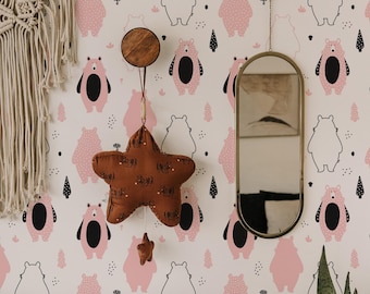 Pink Bear Wallpaper: Kawaii Forest Pattern (Non-Pasted, Pre-Pasted, Peel and Stick, Custom Sizes)