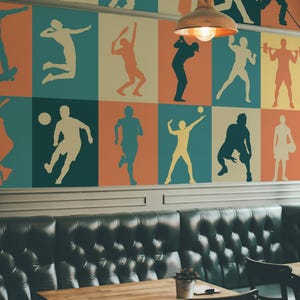 Colorful Sports Silhouettes Peel and Stick wallpaper / Athletic wall mural / Collage mural print - Removable Self-adhesive or Non-Pasted