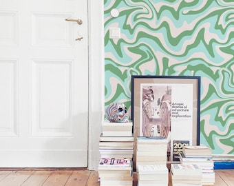 Green Groovy Peel and Stick wallpaper / Abstract Removable wallpaper / Green wallpaper - Self-adhesive or Traditional