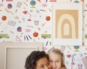 Colorful School Supplies Wallpaper: Whimsical Classroom Pattern (Non-Pasted, Pre-Pasted, Peel and Stick, Custom Sizes)