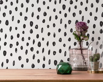 Black and White Dalmatian Spots Wallpaper: Modern Playful Pattern (Peel and Stick or Non Pasted, Custom Colors & Sizes)