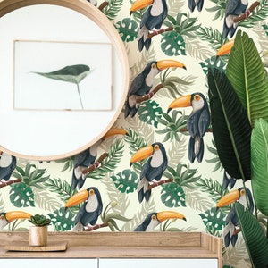 Green Toucan Peel and Stick wallpaper / Bird Removable wallpaper / Green wallpaper - Self-adhesive or Traditional