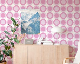 Pink Concentric Circles Wallpaper: Retro Geometric Pattern (Non-Pasted, Pre-Pasted, Peel and Stick, Custom Sizes)