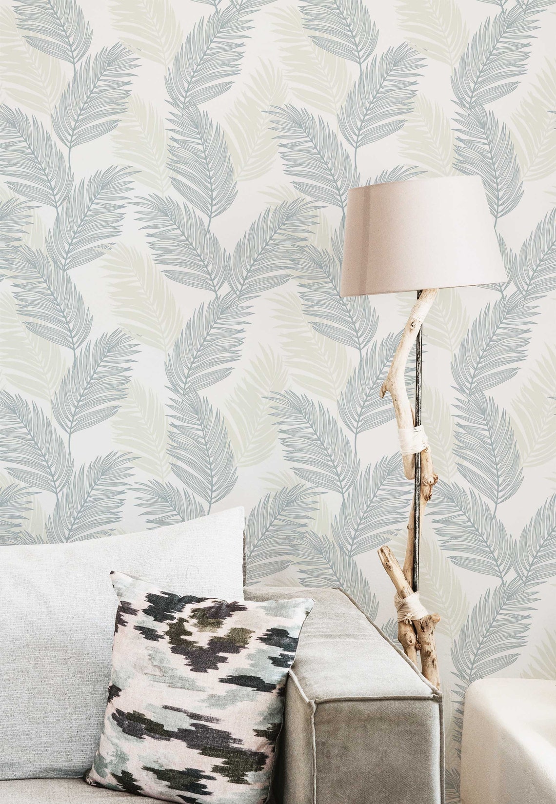 Blue and White Palm Leaf Peel and Stick Wallpaper / Coastal Removable ...