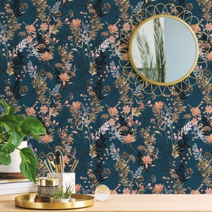 Teal Wildflowers wallpaper, dense peach blooms and tan leaves on deep teal, scattered sprigs across an interior wall.