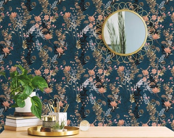 Teal Wildflowers Wallpaper: Boho Meadow Design (Non-Pasted, Pre-Pasted, Peel and Stick, Custom Sizes)