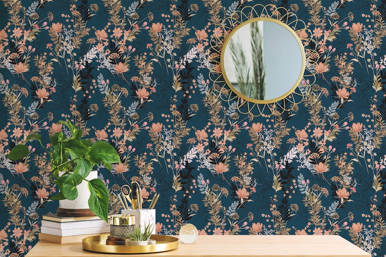 Teal Wildflowers wallpaper, dense peach blooms and tan leaves on deep teal, scattered sprigs across an interior wall.