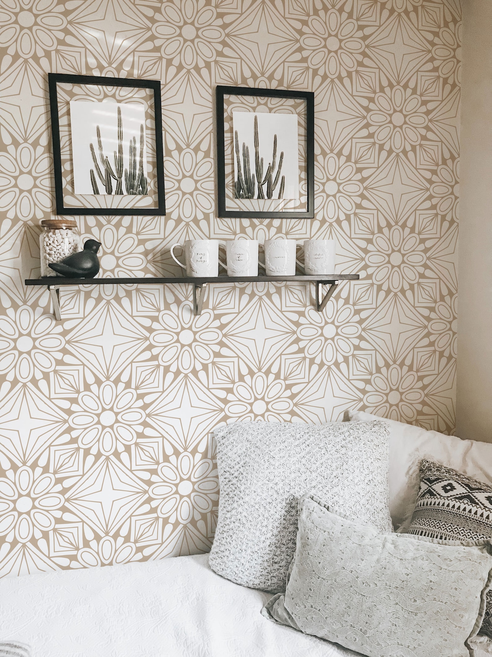 Geometric floral pattern peel and stick wallpaper / beige Etsy