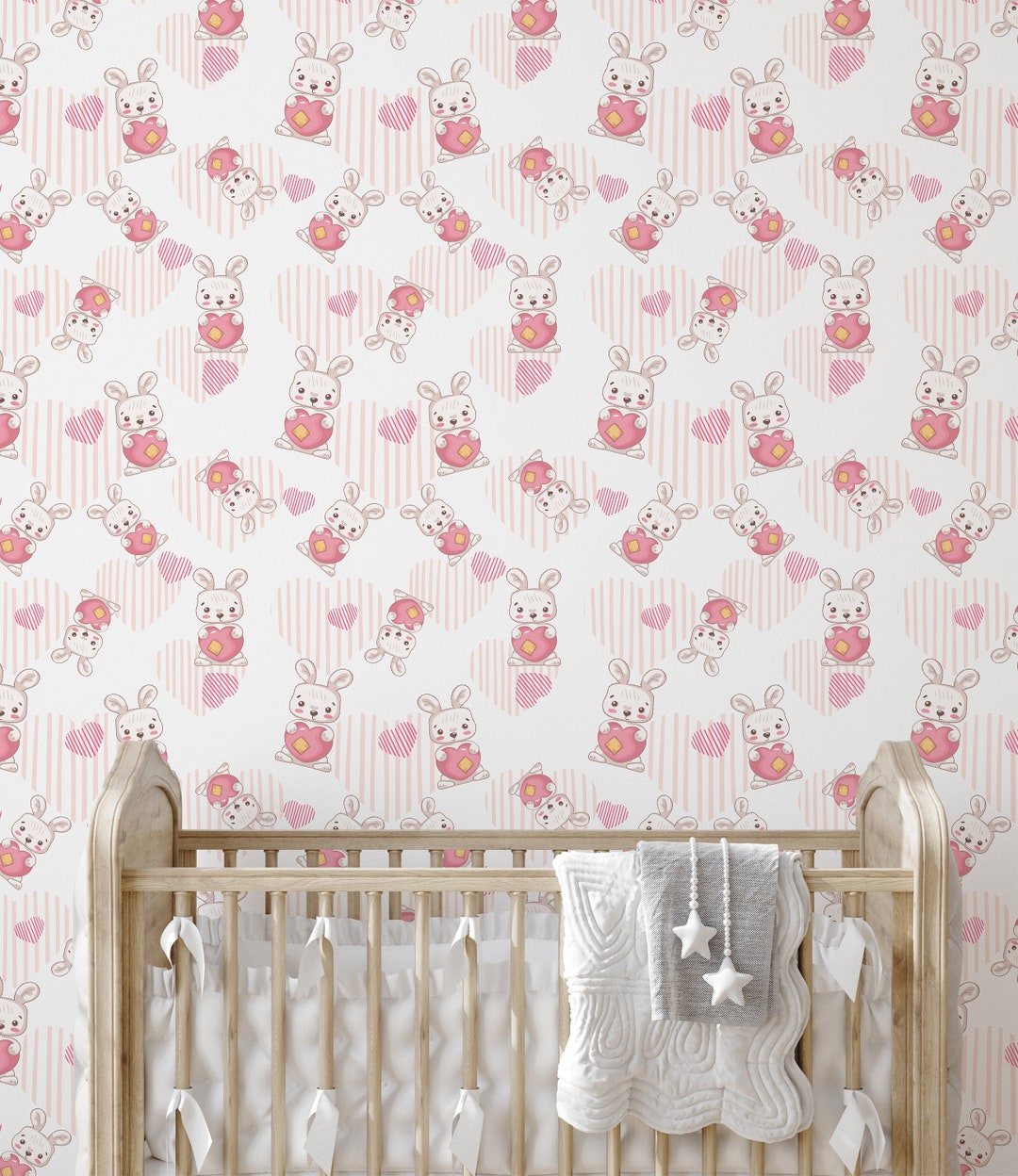 Pink Bunny Peel and Stick Wallpaper / Heart Removable Wallpaper / Pink