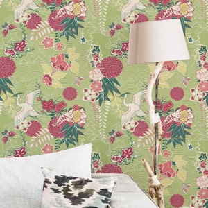 Green and pink Bird Peel and Stick wallpaper / Oriental Removable wallpaper / Green and pink wallpaper - Self-adhesive or Traditional