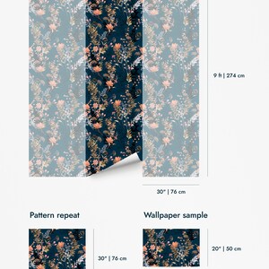 Teal Wildflowers traditional wallpaper for walls shown as a dimensions guide with 9 ft x 30 in panels and repeat layout.