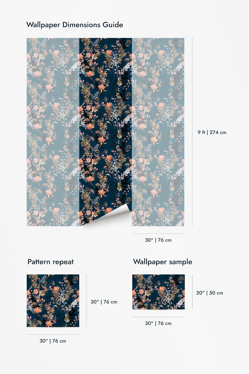 Teal Wildflowers traditional wallpaper for walls shown as a dimensions guide with 9 ft x 30 in panels and repeat layout.