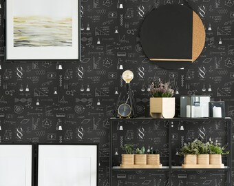 Black Chalkboard Equations Wallpaper: Novelty Academic Pattern (Non-Pasted, Pre-Pasted, Peel and Stick, Custom Sizes)