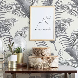 Palm leaf Peel and Stick wallpaper / Tropical Removable wallpaper / Gray wallpaper - Self-adhesive or Traditional