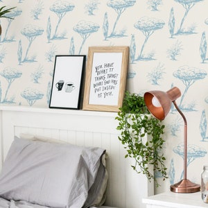 Vintage Tree Peel and Stick wallpaper / Toile Removable wallpaper / Blue Tree wallpaper - Self-adhesive or Traditional