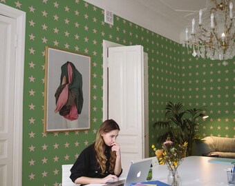 Green Star Wallpaper: Geometric Motif Pattern (Non-Pasted, Pre-Pasted, Peel and Stick, Custom Sizes)