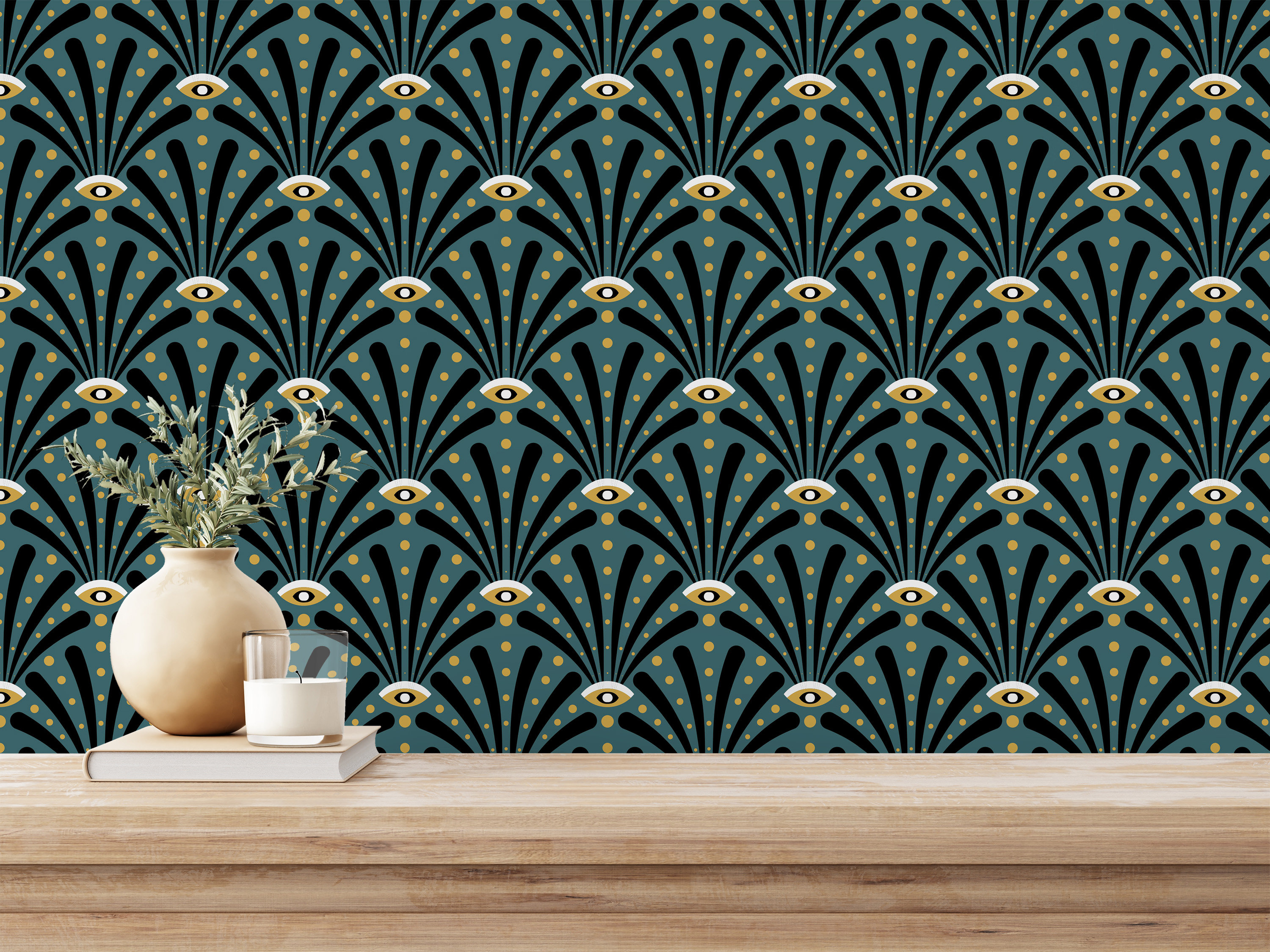 Teal Art Deco Peel and Stick Wallpaper / Eyes Removable photo