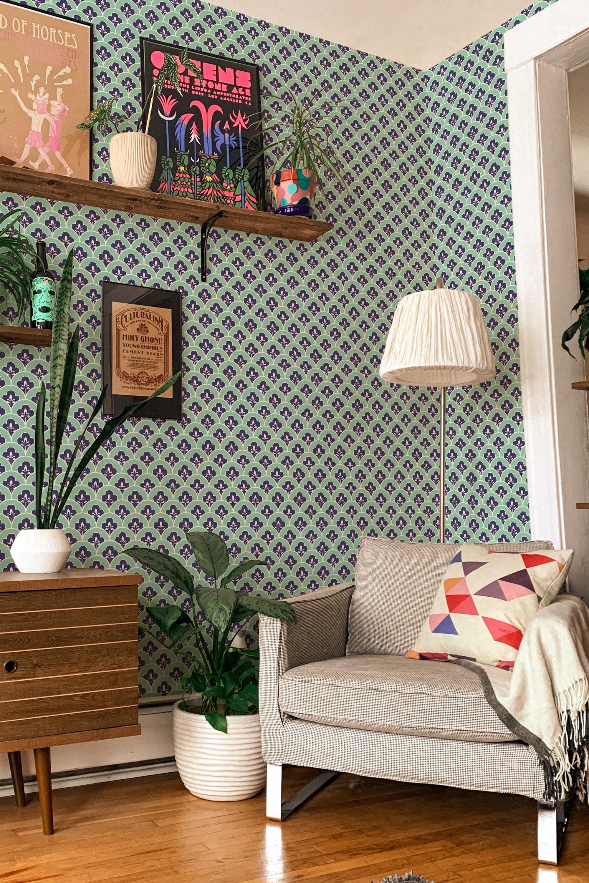 Teal Vintage Peel and Stick Wallpaper / Art Deco Removable Wallpaper ...