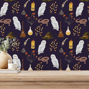 Navy Wizard Peel and Stick wallpaper / Owl Removable wallpaper / Navy wallpaper - Self-adhesive or Traditional