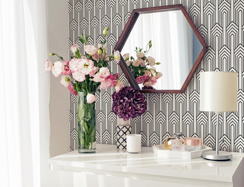 Black and White Art Deco Peel and Stick Wallpaper / Geometric Etsy