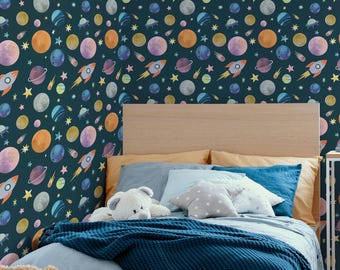 Teal Space Wallpaper: Whimsical Celestial Pattern (Non-Pasted, Pre-Pasted, Peel and Stick, Custom Sizes)