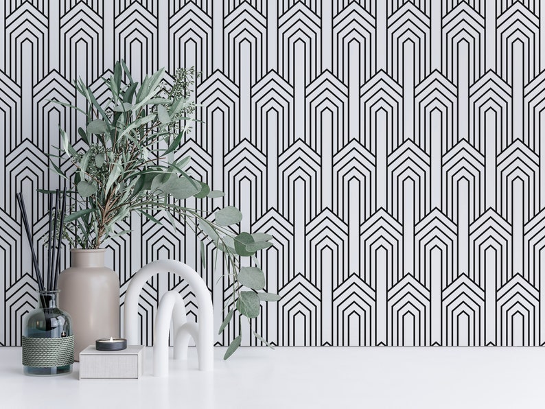 Black and White Art Deco Peel and Stick Wallpaper / Geometric Etsy