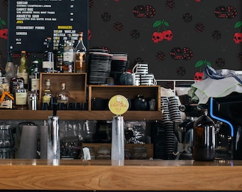 Charcoal Skull Cherries Wallpaper: Gothic Casino Pattern (Non-Pasted, Pre-Pasted, Peel and Stick, Custom Sizes)