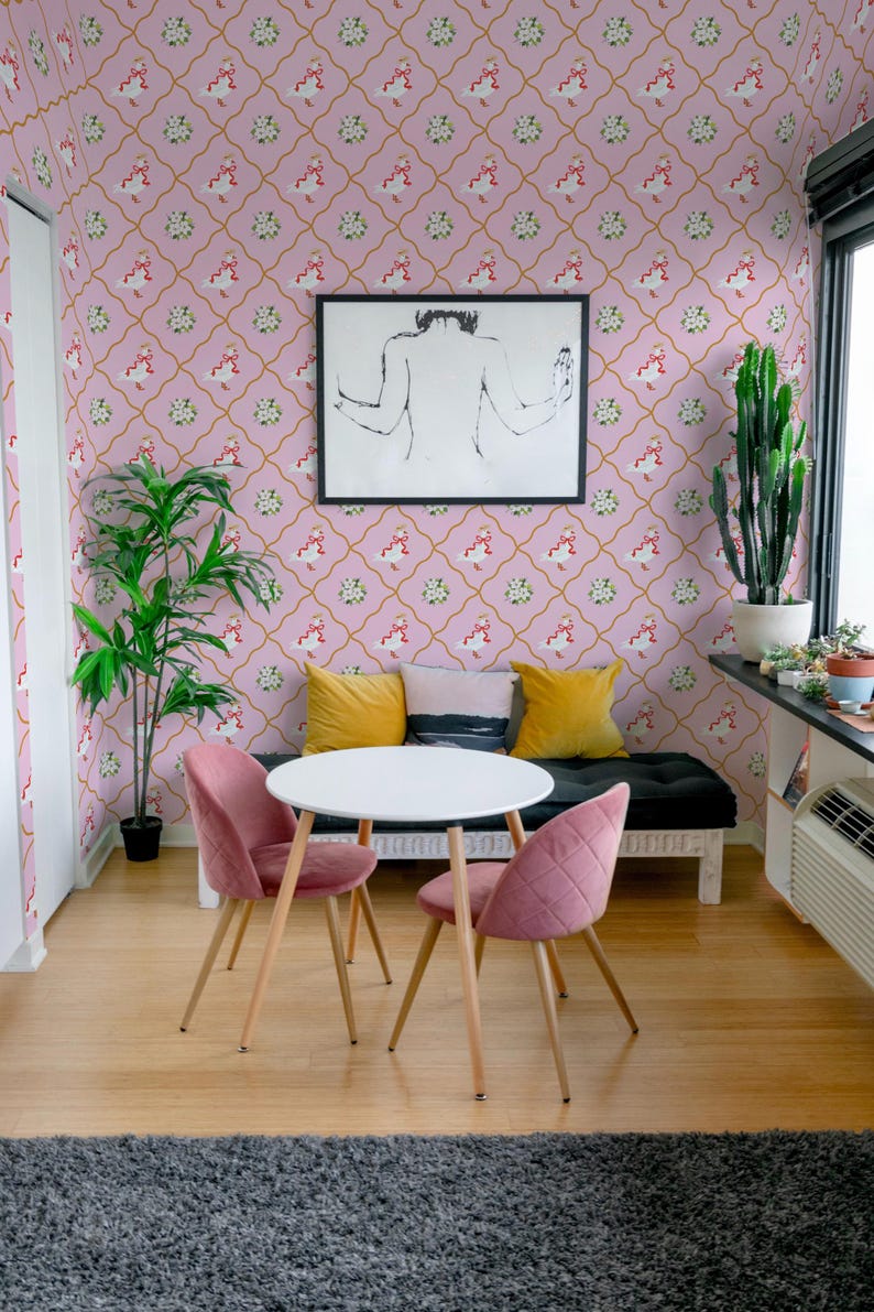 Pink Goose Wallpaper | Floral Bird Peel and Stick Removable Fabric or ...