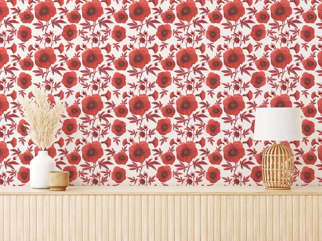 Red Poppy Floral Peel and Stick Wallpaper / Flower Removable Wallpaper