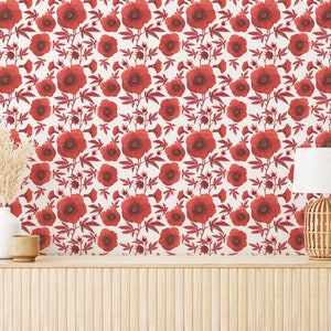 Red Poppy Floral Peel and Stick wallpaper / Flower Removable wallpaper / Poppy wallpaper - Self-adhesive or Traditional