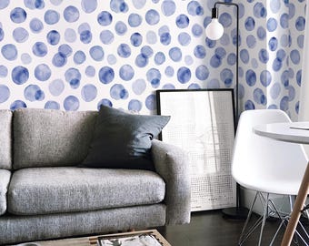 Blue Polka Dot Wallpaper: Abstract Watercolor Design (Non-Pasted, Pre-Pasted, Peel and Stick, Custom Sizes)