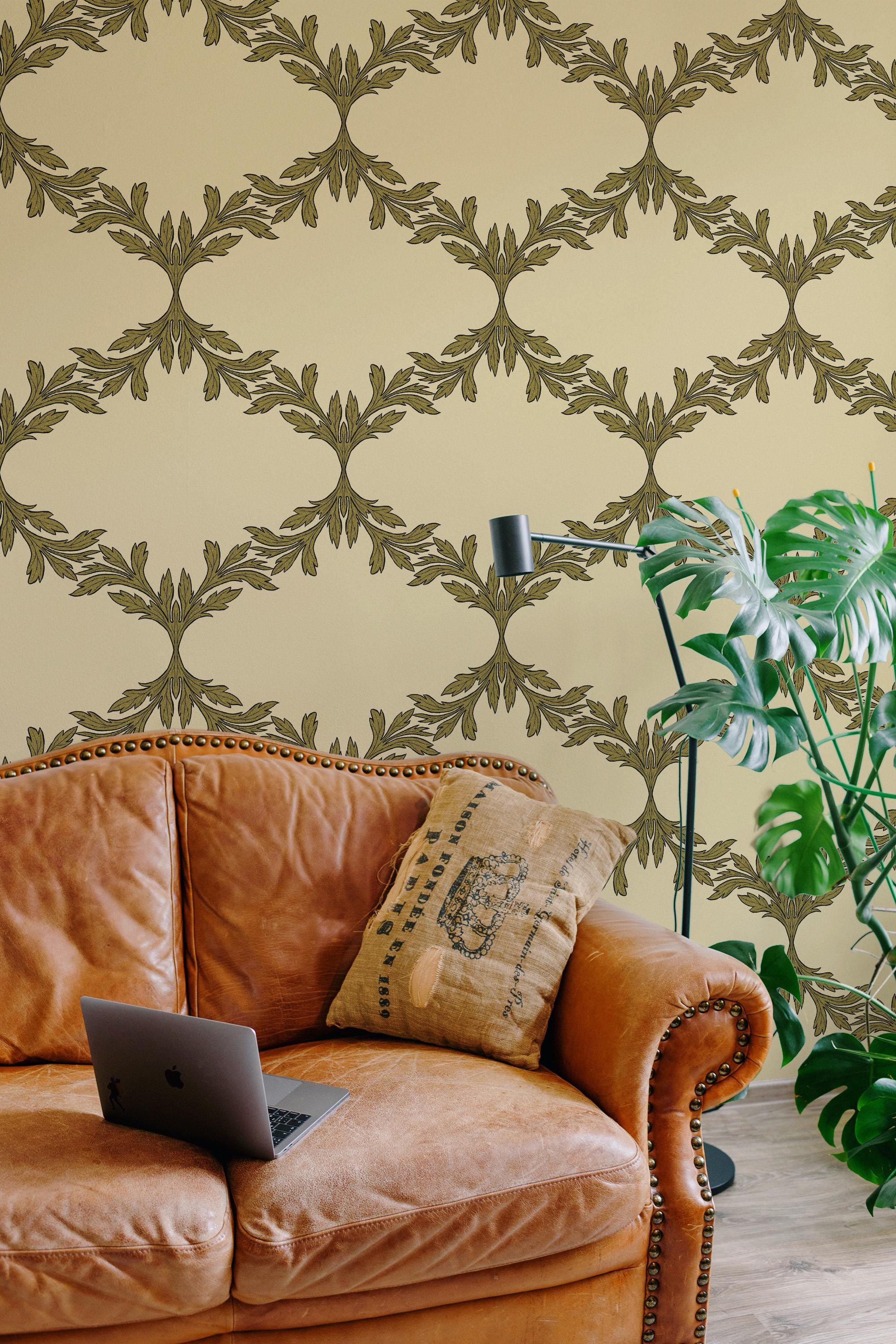 Beige Art Deco Acanthus Trellis Wallpaper | Beige Leaf Peel and Stick