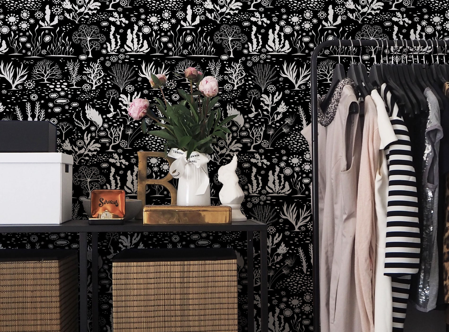 Black and white coral peel and stick wallpaper / bold coral | Etsy