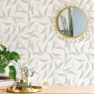 Leaf Line Art Removable wallpaper / Self-adhesive or Traditional wallpaper with Leaf pattern / Line Art Peel and Stick wallpaper