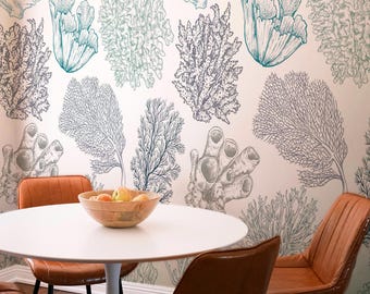 Mural de papel pintado de coral marino: Arte lineal costero submarino y etéreo (autoadhesivo o sin adhesivo, tamaños personalizados)