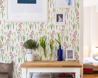 Selbstklebende Tapete mit Blumenmuster / Abnehmbare Tapete mit Frühlingsblumen / Grüne Tapete – selbstklebend oder traditionell