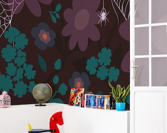 Floral Spiderweb Wallpaper Mural: Whimsical Gothic Night Garden (Non-Pasted, Pre-Pasted, Peel & Stick, Custom Sizes)