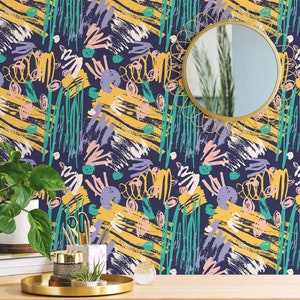 Brushstroke Peel and Stick wallpaper / Bold Removable wallpaper / Green, yellow wallpaper - Self-adhesive or Traditional