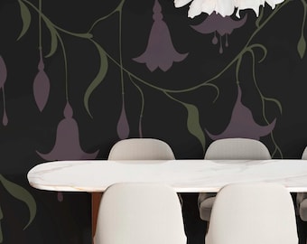 Hanging Fuchsias Wallpaper Mural: Gothic Halloween Botanical Blooms (Non-Pasted, Pre-Pasted, Peel & Stick, Custom Sizes)