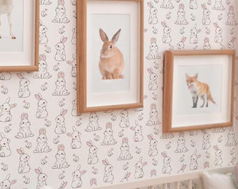 White Bunny Wallpaper: Kawaii Sketch Design (Non-Pasted, Pre-Pasted, Peel and Stick, Custom Sizes)