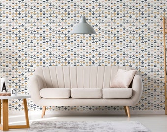 Papel pintado moderno con diseño de triángulos: estampado geométrico escandinavo (autoadhesivo o sin adhesivo, tamaños personalizados).