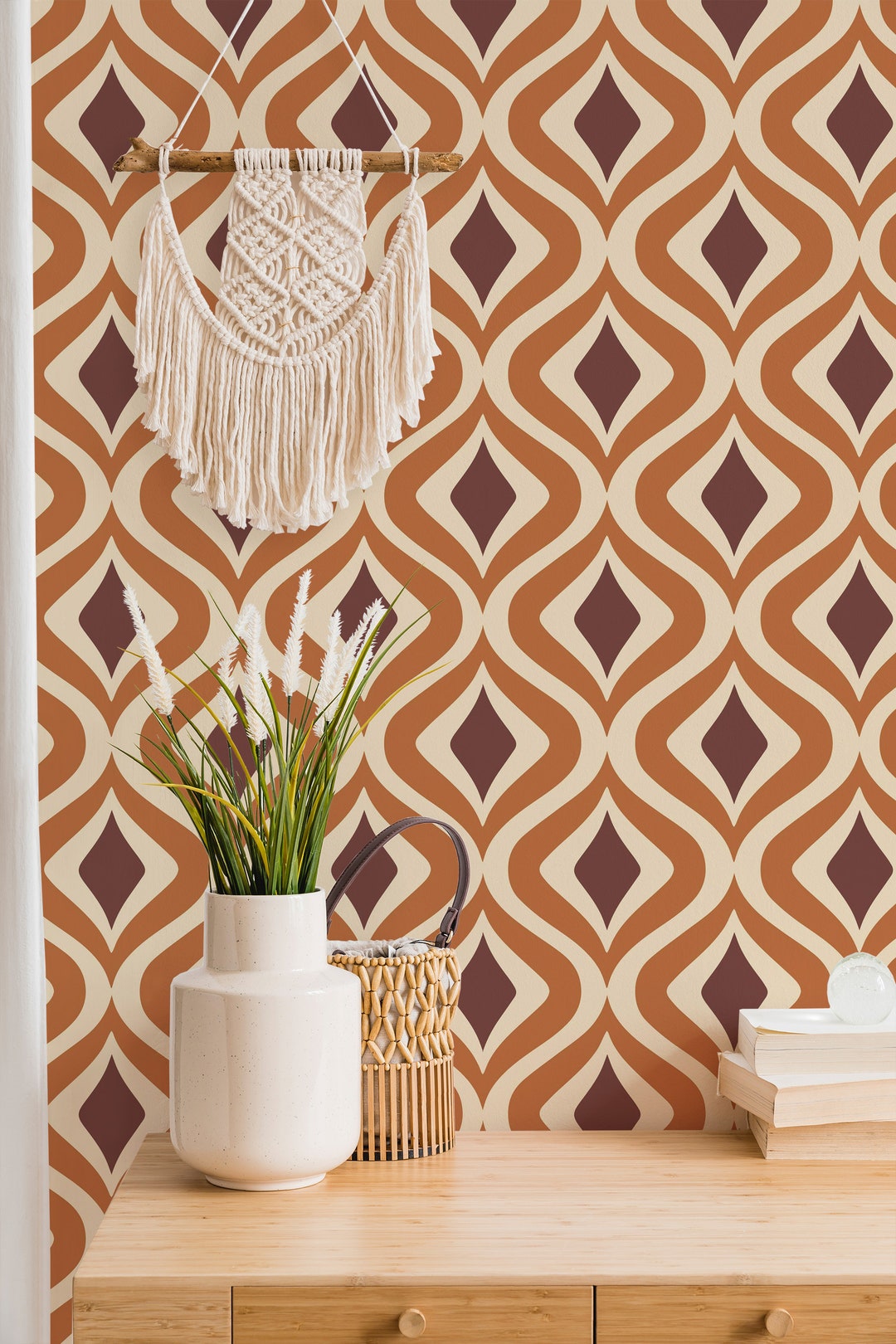 Orange Retro Peel and Stick Wallpaper / Geometric Removable Wallpaper