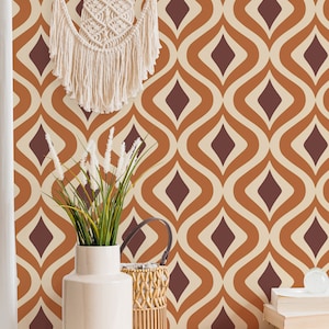 Orange Retro Peel and Stick wallpaper / Geometric Removable wallpaper / Orange and brown wallpaper - Self-adhesive or Traditional