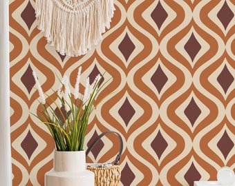 Orange Retro Peel and Stick wallpaper / Geometric Removable wallpaper / Orange and brown wallpaper - Self-adhesive or Traditional