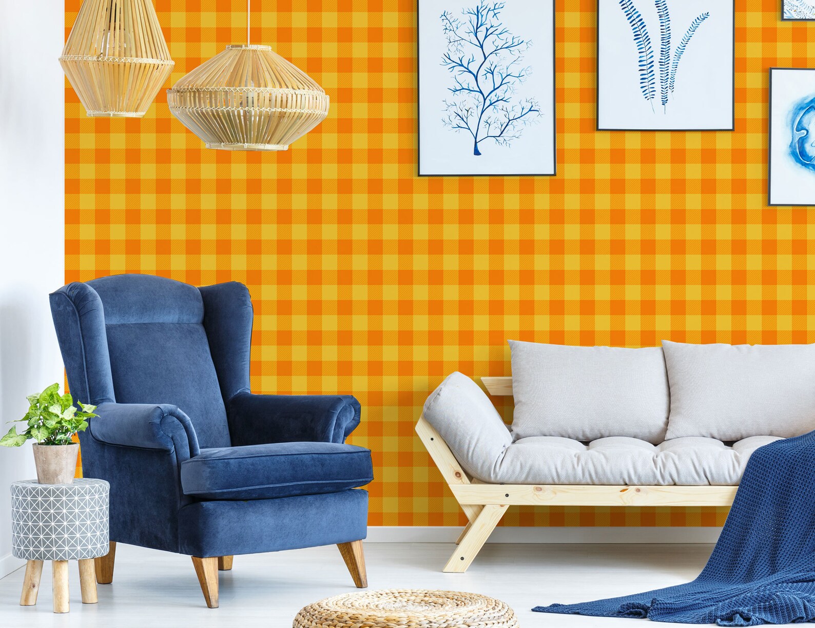 Orange and Yellow Gingham Peel and Stick Wallpaper / Gingham Etsy